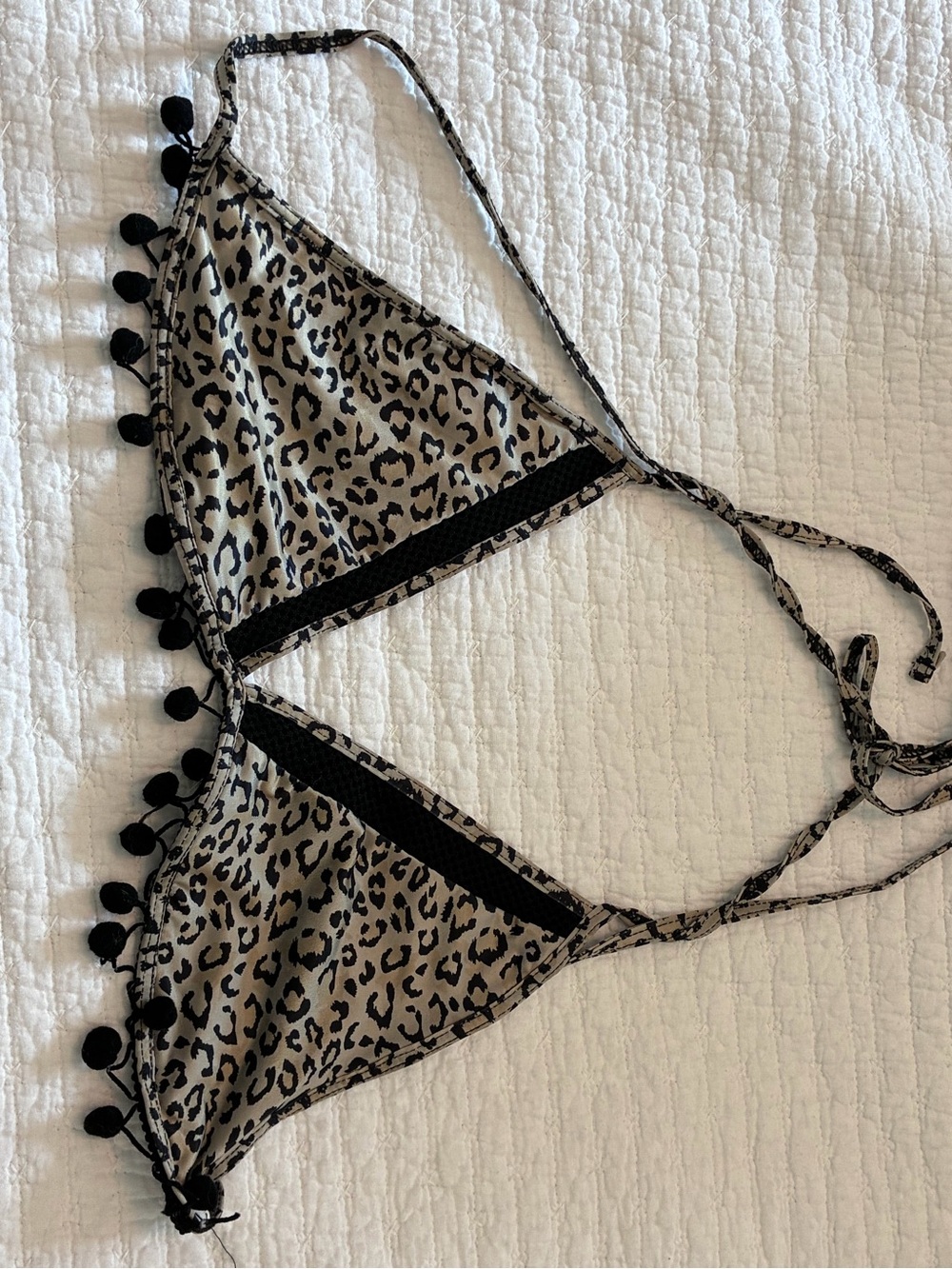 Source Unknown Leopard Print Triangle Bikini Top with Black Pom Trim
